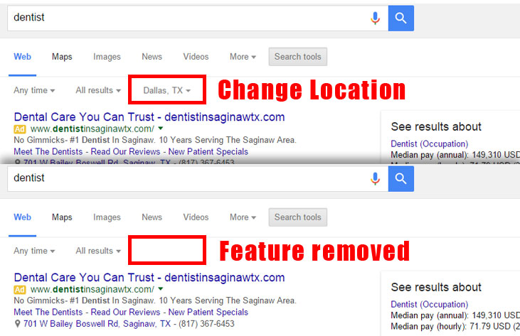 Google Change Location Search Feature Removed