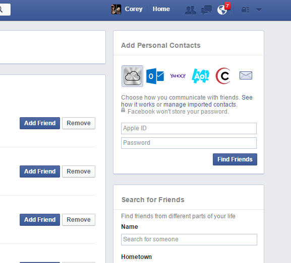 Add Facebook Friends - Email Options